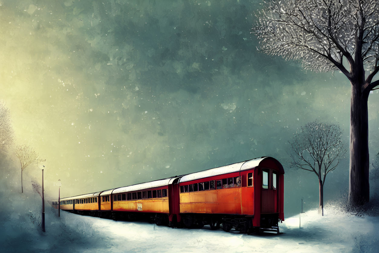 Vintage red train in snowy landscape with leafless tree under hazy sky