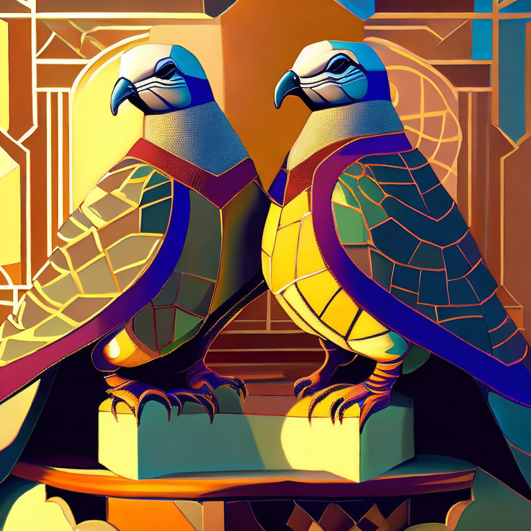 Stylized digital art falcons with geometric patterns on colorful background