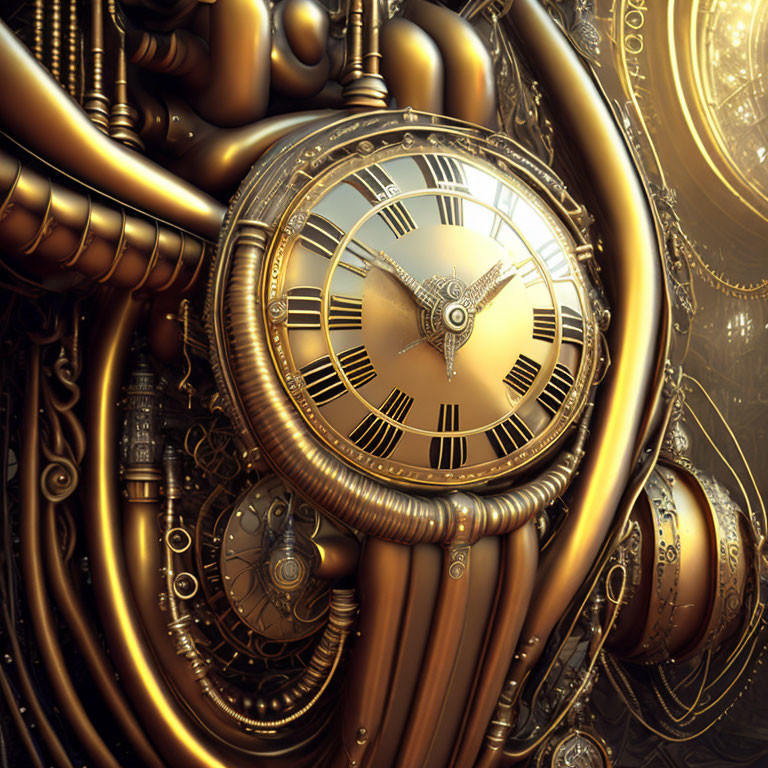 Surreal metallic landscape with ornate clock and golden pipes