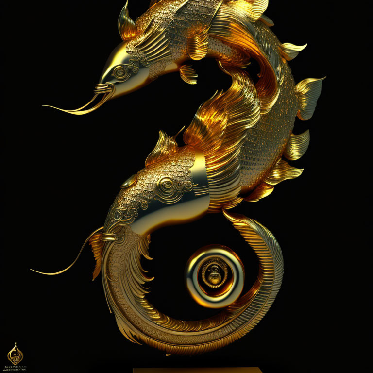 Golden fish sculptures intertwined in infinity loop with intricate patterns and glowing base