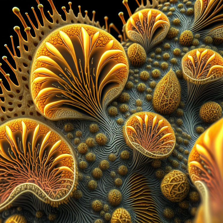 Surreal 3D Illustration: Organic Coral Shapes in Golden Tones