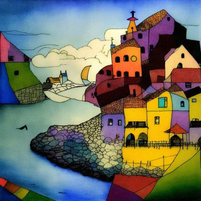 Vibrant coastal village painting with colorful houses and boat