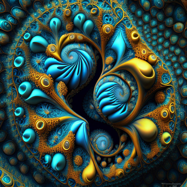 Intricate Blue and Gold Fractal Swirling Patterns