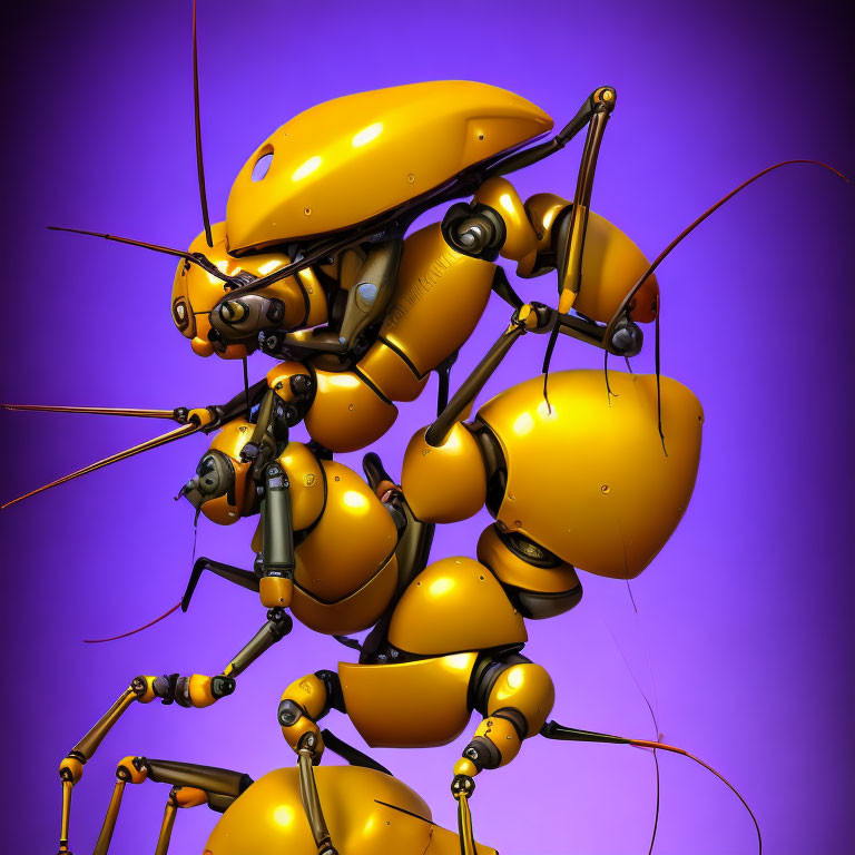 Stylized robotic ant with glossy yellow exoskeleton on purple background