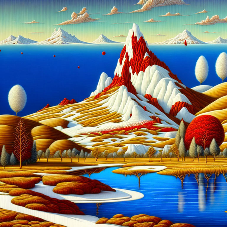 Surreal landscape painting with snow-capped mountains, colorful trees, river, and hot air balloons