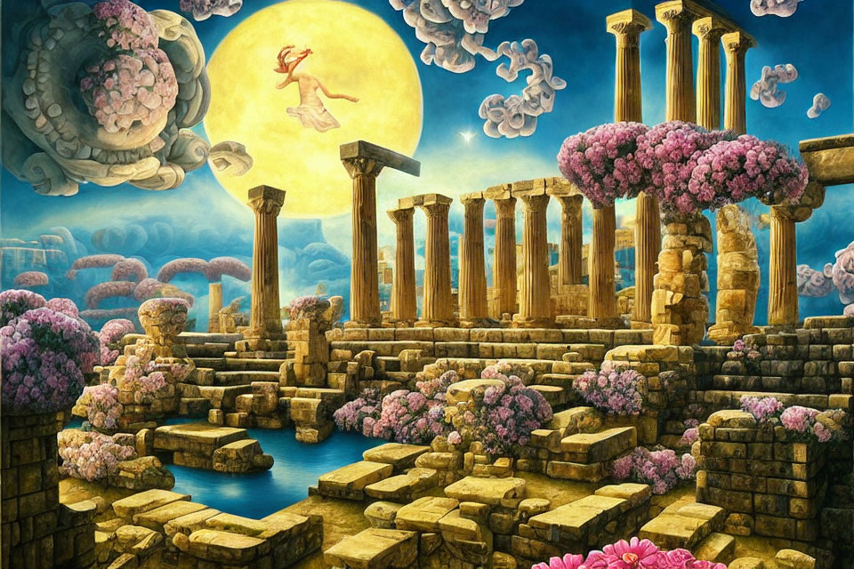 Surreal painting: ancient ruins, pink trees, floating clouds, yellow sun, leaping figure