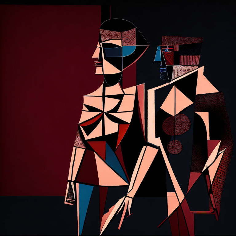 Cubist artwork with two stylized figures in red and black tones