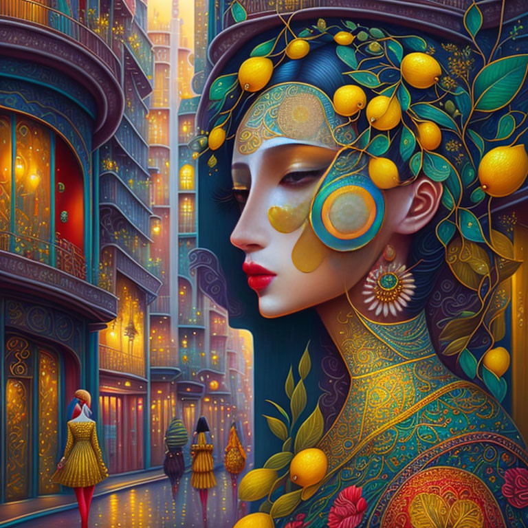 Colorful Illustration: Woman with Elaborate Headwear in Fantasy Alleyway