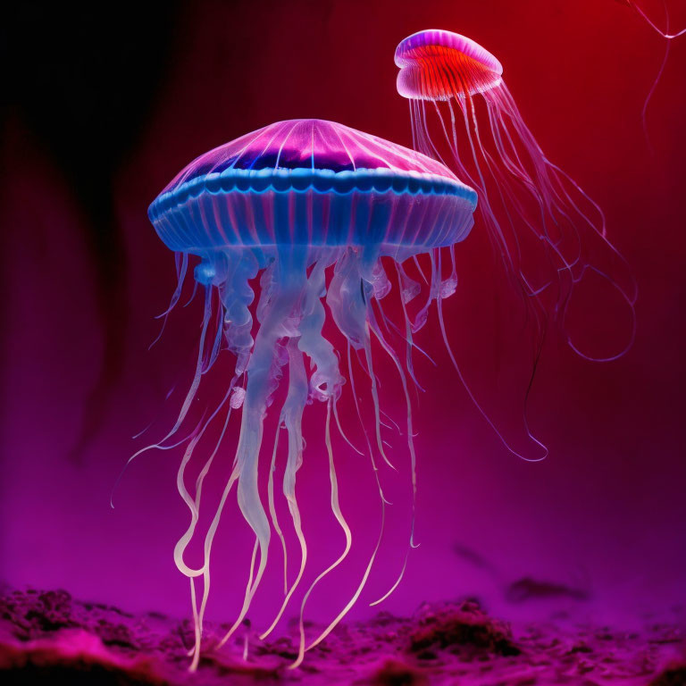 Graceful jellyfish under pink and purple light with vivid blue and white coloration