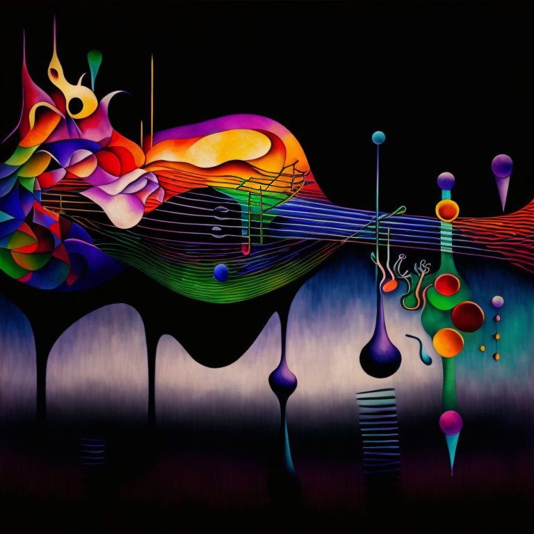 Colorful Abstract Painting with Surreal Shapes and Musical Elements