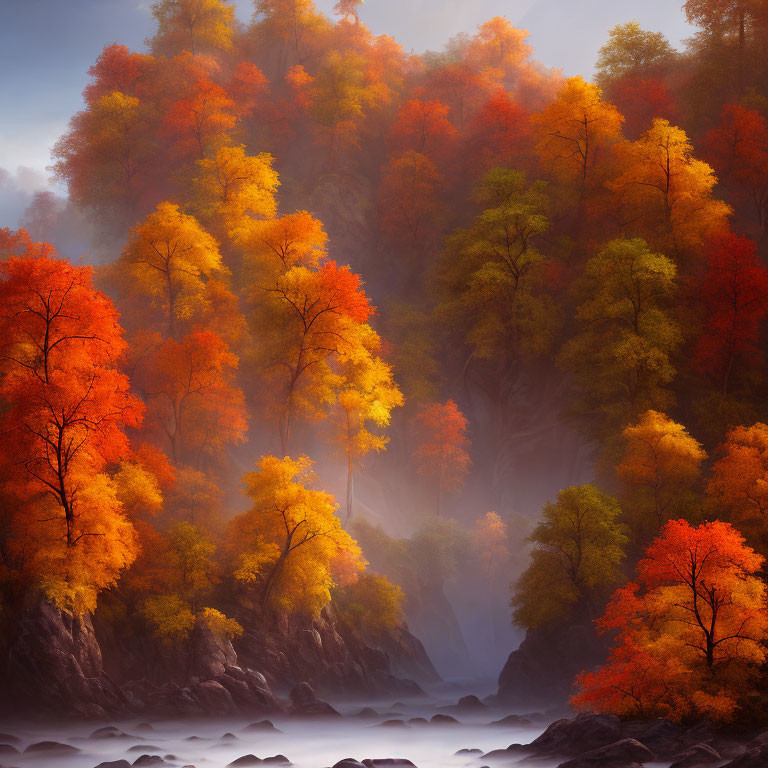 Vibrant Autumn Forest with Red, Orange, and Yellow Leaves by Rocky Riverbed