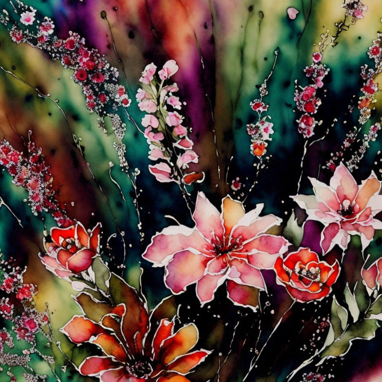 Colorful Watercolor Painting of Pink and Red Flowers on Mottled Background