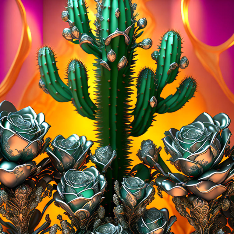 Digital Art: Green Cactus with Snake and Metallic Roses on Abstract Background