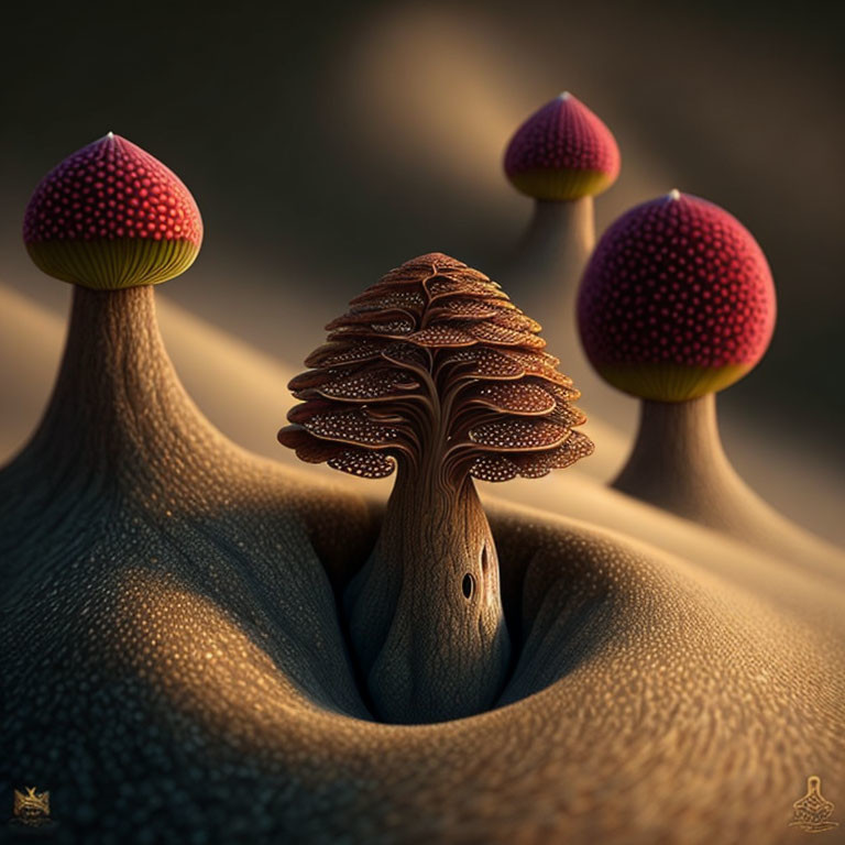 Surreal illustration of layered tree and tall mushrooms