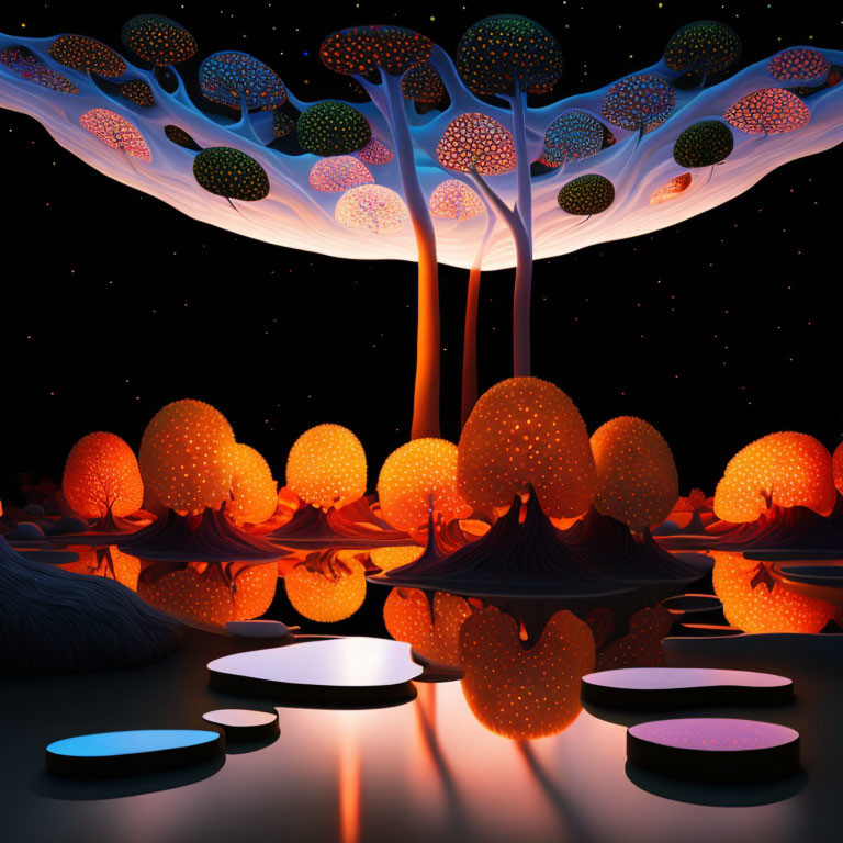 Fantastical Night Landscape with Glowing Trees and Stepping Stones