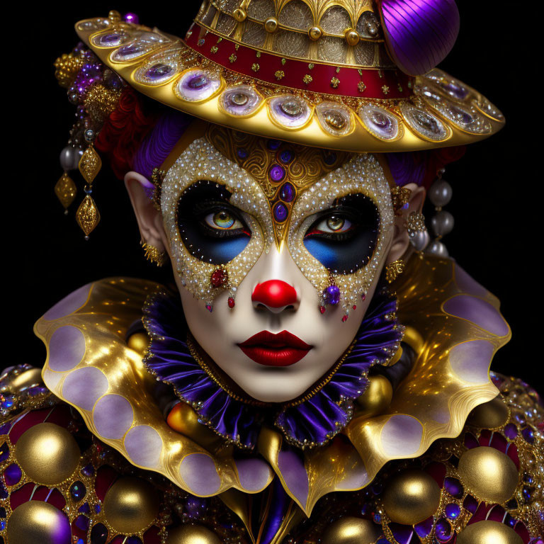 Elaborate Carnival-Style Makeup and Ornate Gold-Purple Costume Portrait