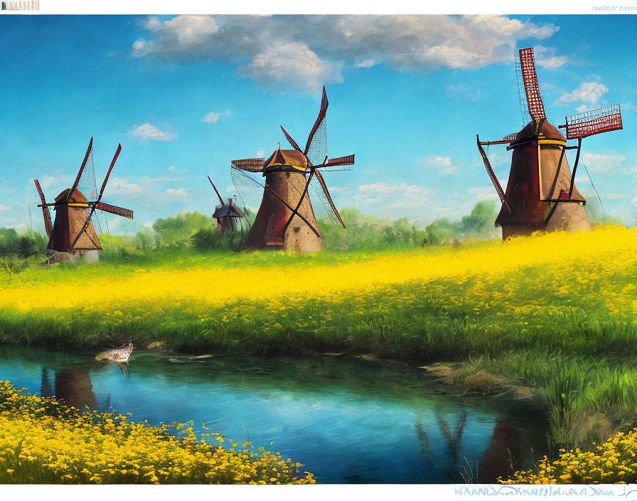 Traditional windmills in lush field with yellow flowers, blue sky, fluffy clouds, and small stream