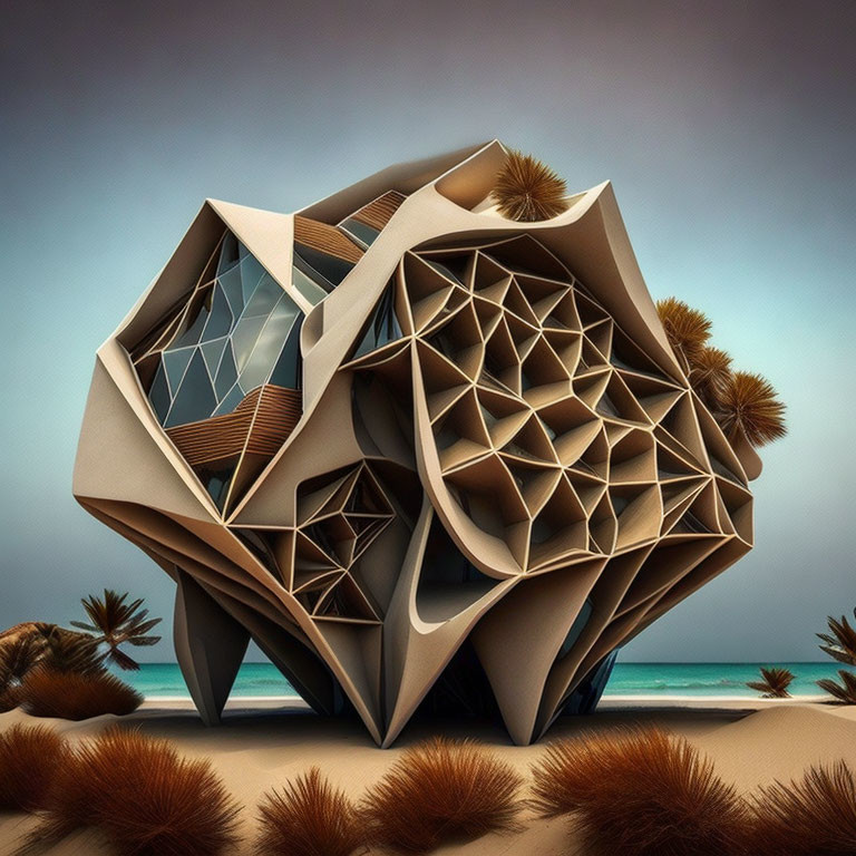 Geometric polygonal structure on sandy beach with palm trees