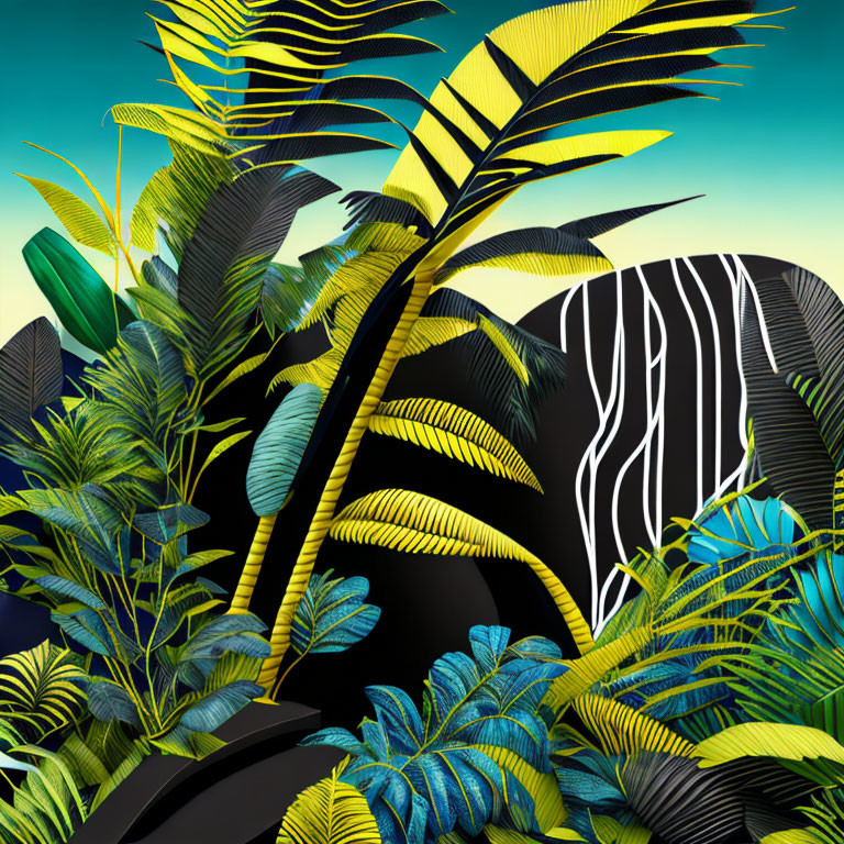 Colorful digital artwork: Stylized tropical plants in dense composition