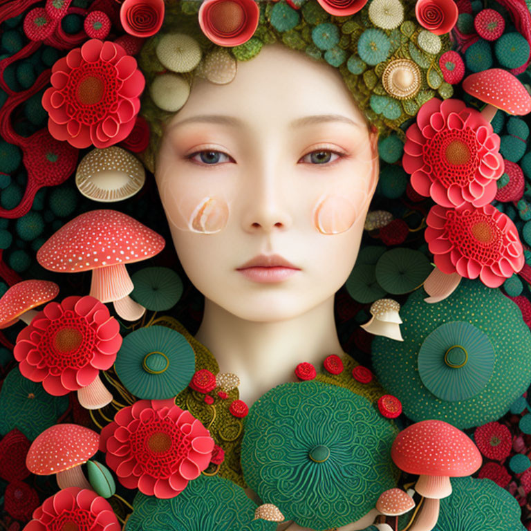 Pale-skinned woman in subtle makeup with vibrant floral and mushroom arrangement