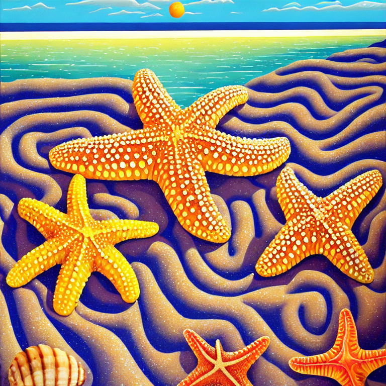 Vibrant starfish and shells on sandy beach under blue sky