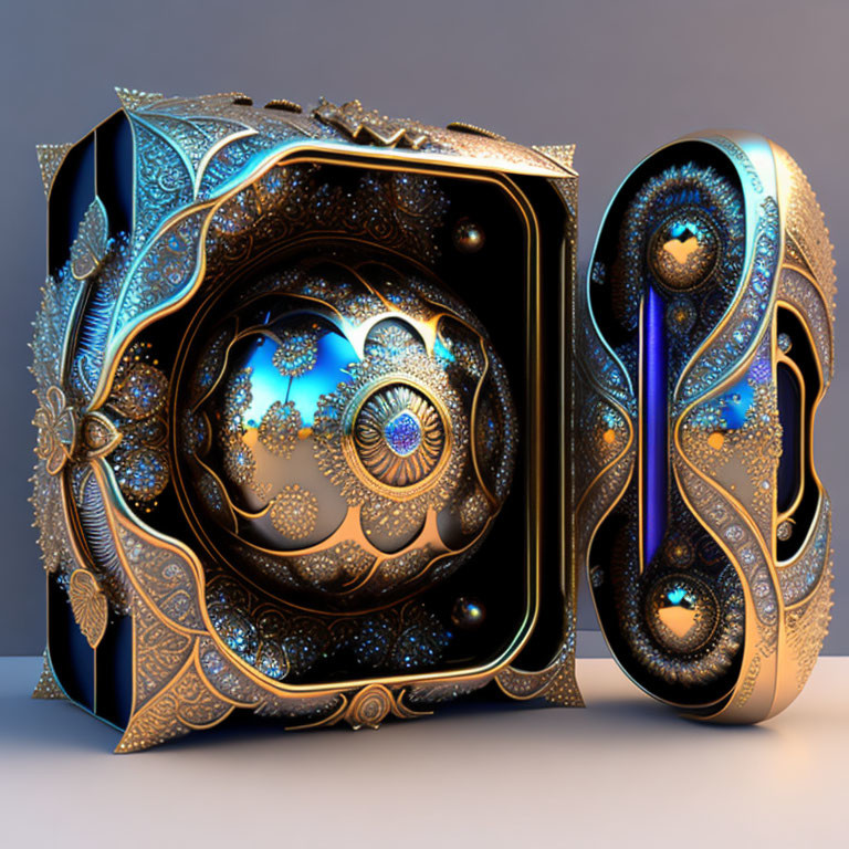 Intricate 3D fractal art: Jewel-encrusted box and key with cosmic