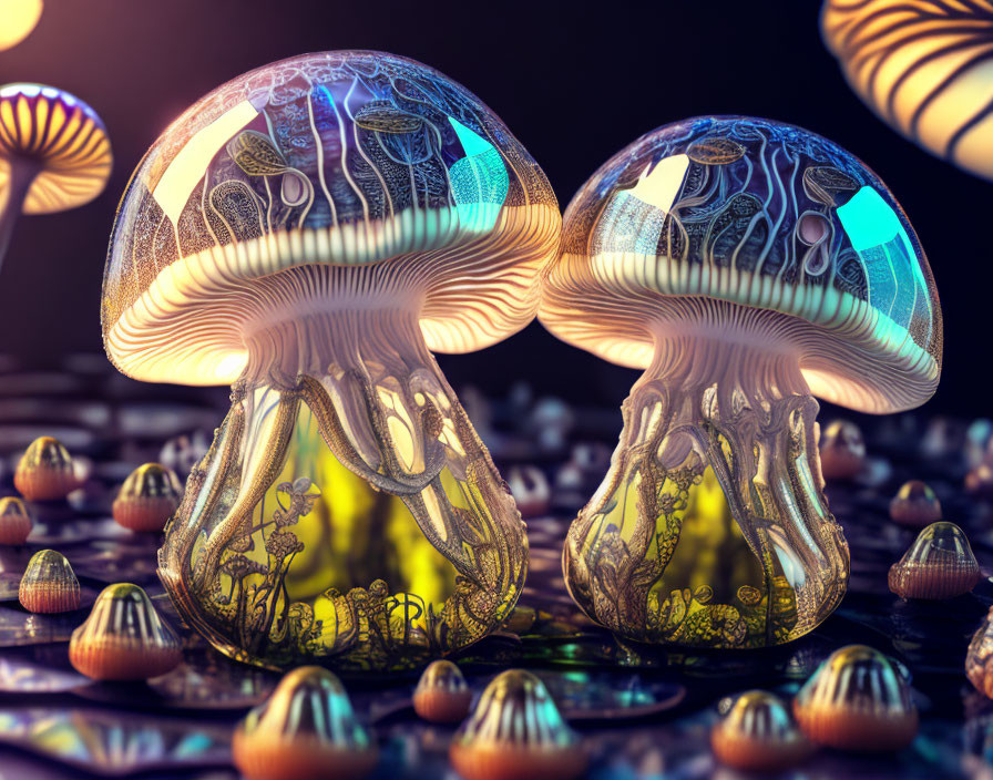 Neon glow mushrooms in intricate patterns on dark surface