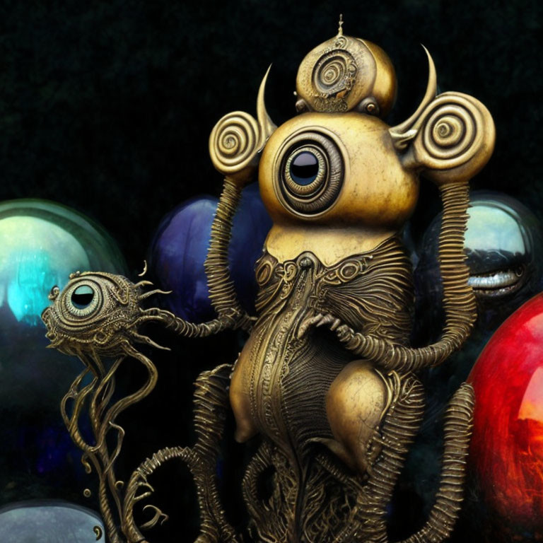 Steampunk-style creature with metallic parts and colorful orbs next to a smaller design