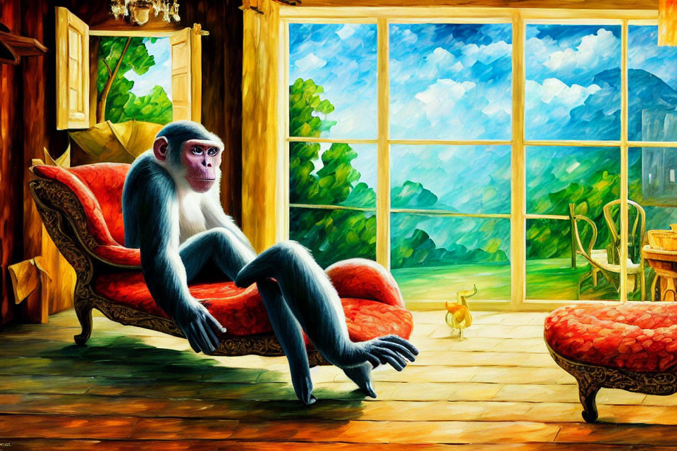 Anthropomorphic monkey relaxing on red sofa with scenic view and bird.