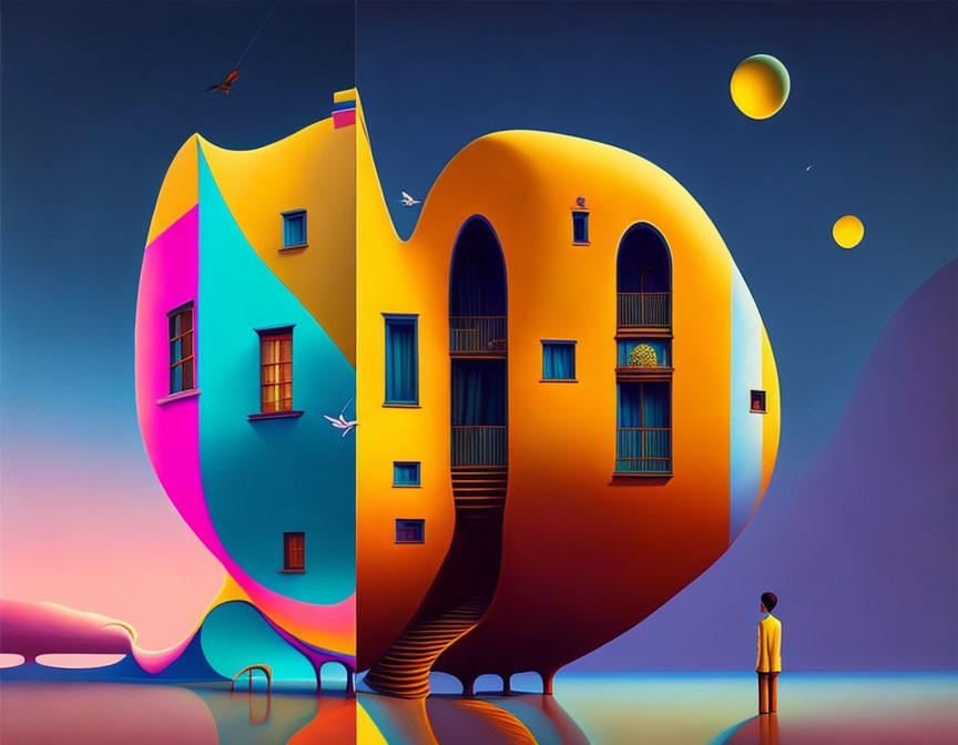 Colorful Abstract Building with Curved Shapes and Birds