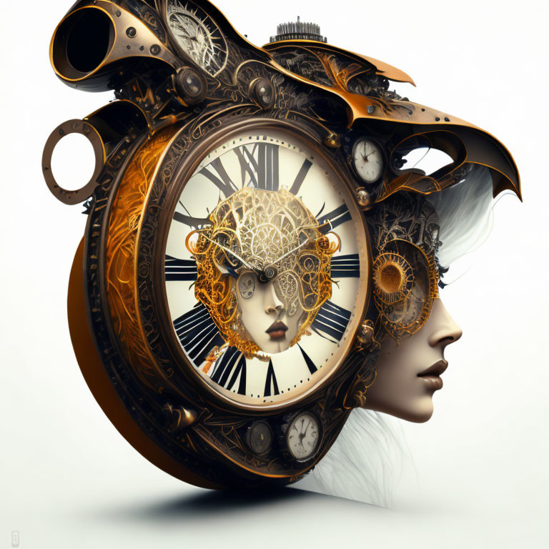 Interconnected steampunk faces with gears and clock motif