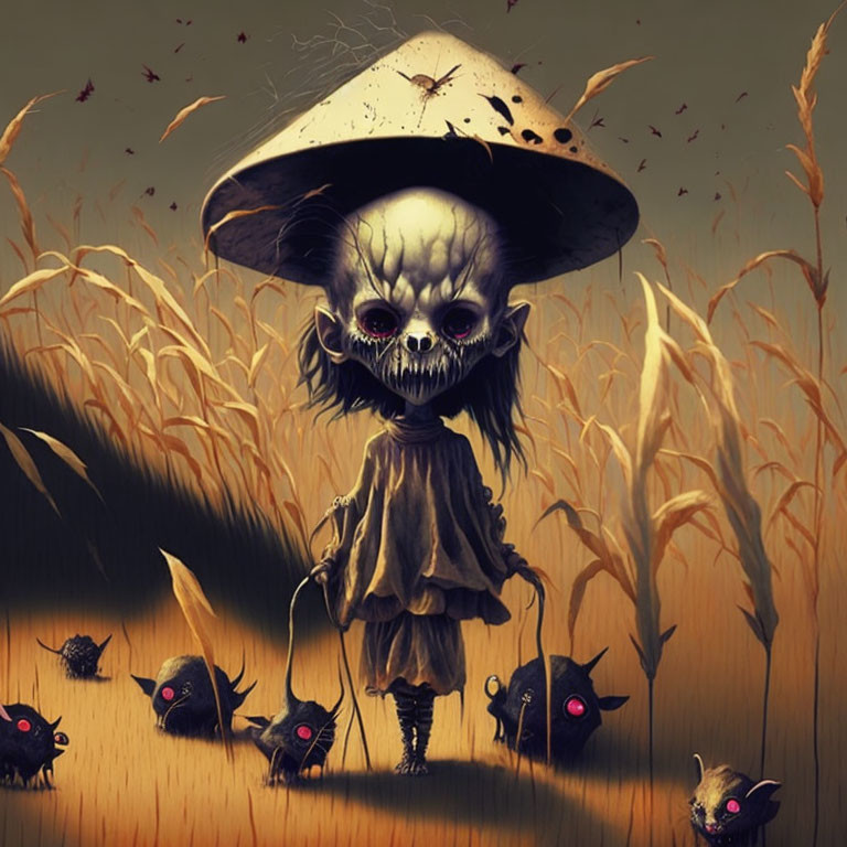 Detailed Illustration: Skeletal Figure in Tattered Robe and Hat in Eerie Field