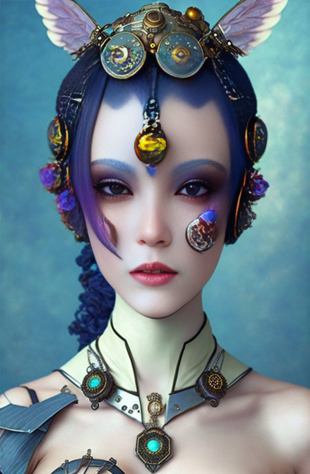 Fantastical portrait of female with violet hair and steampunk headpiece.