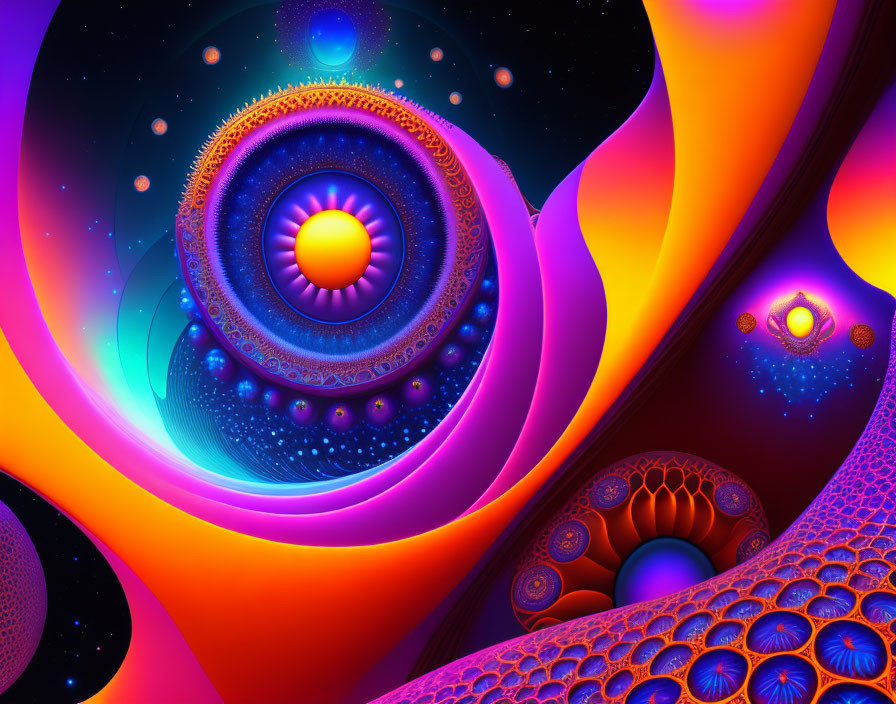 Abstract Fractal Patterns with Glowing Spirals in Cosmic Setting