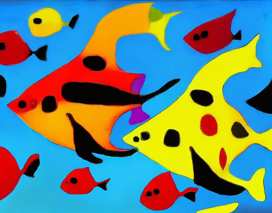 Vibrant Stylized Fish in Various Shapes and Sizes on Blue Background