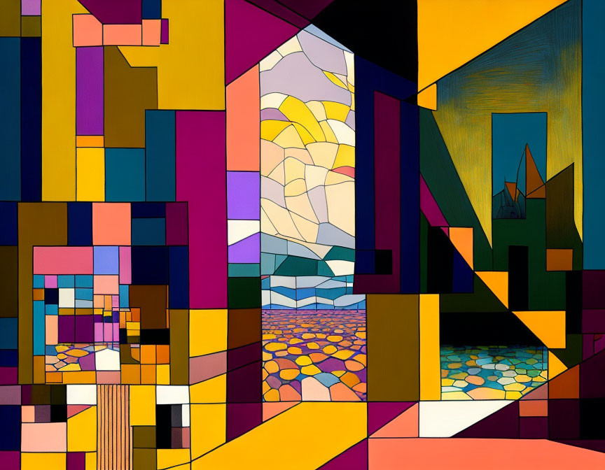 Vibrant Cubist-inspired geometric abstraction with fragmented landscape.