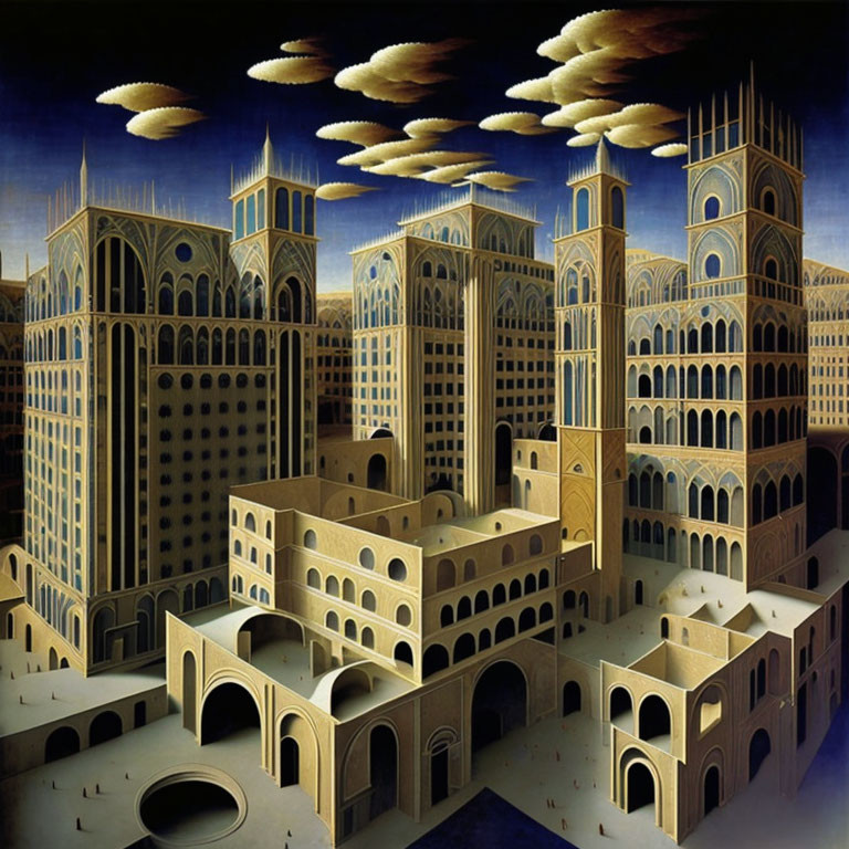 Surreal cityscape painting with Gothic architecture and UFO-like clouds