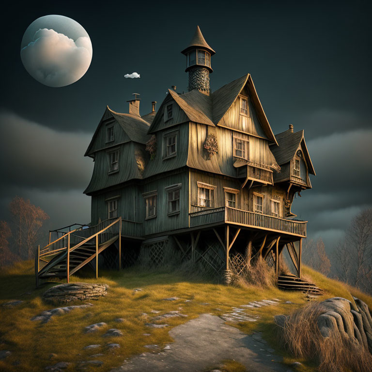 Dilapidated Victorian-style house on stilts under full moon