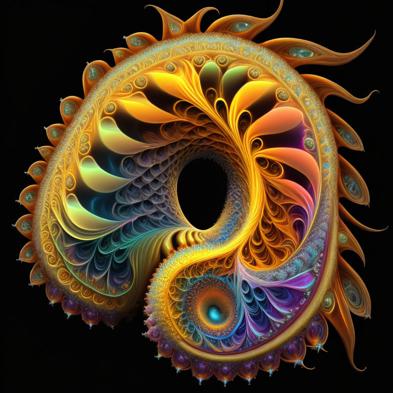 Intricate Spiral Fractal Art: Gold, Blue, Purple on Black