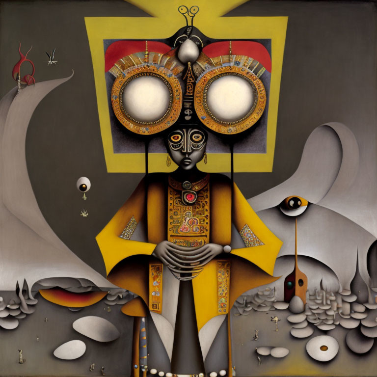 Surreal Painting: Central Figure with Circular Eyes in Golden Attire on Abstract Background