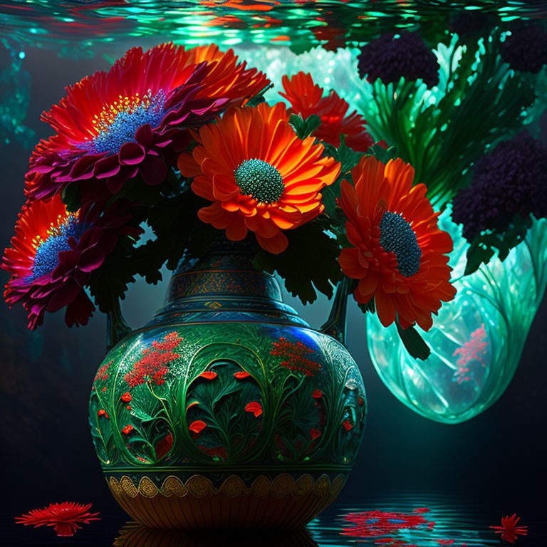 Colorful red and orange flower bouquet in ornate vase with reflections and glowing greenery.