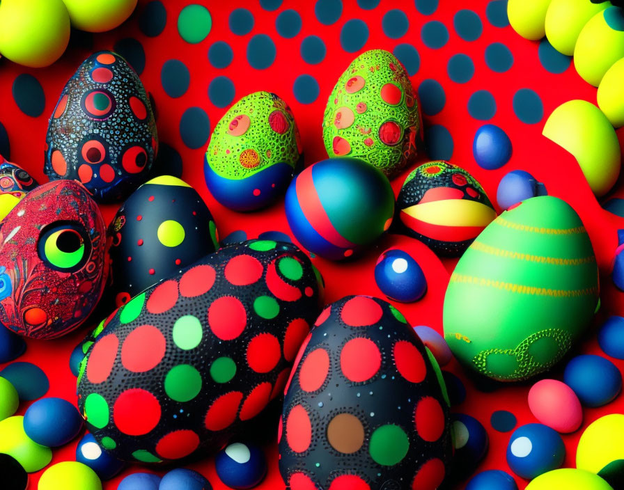 Vibrant Easter eggs with intricate patterns on red background