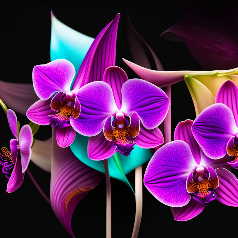 Vibrant Purple Orchids with Blue and Yellow Gradient on Dark Background