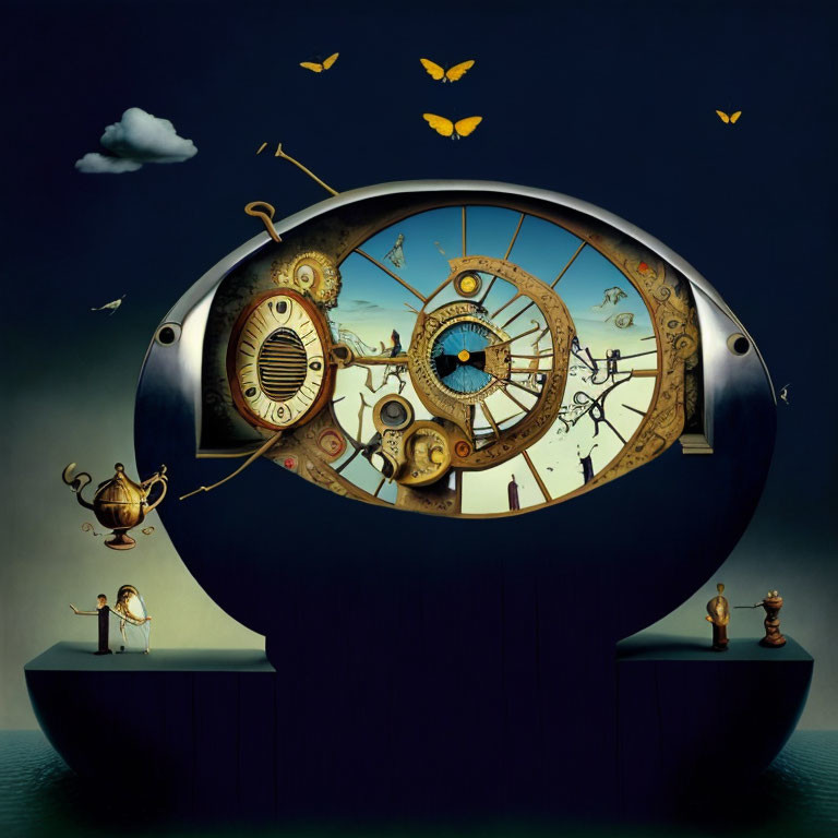 Clockwork gears and mysterious figures in whimsical goggles-shaped illustration