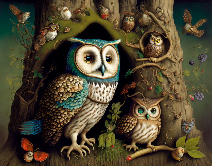 Whimsical owl-themed illustration with tree, butterflies, and birds