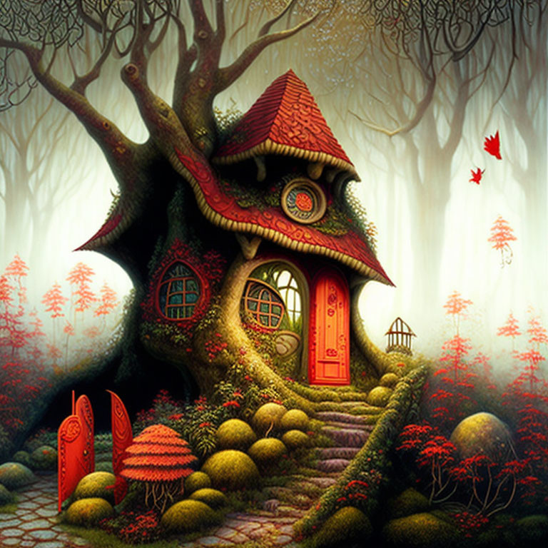 Whimsical house with red door in mystical forest