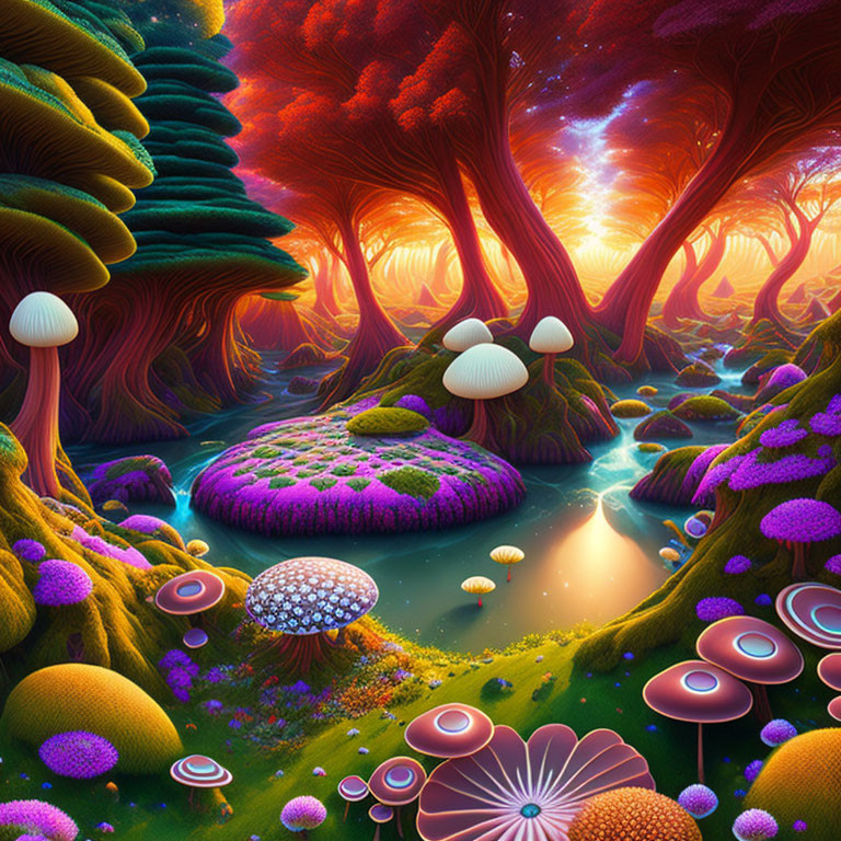 Fantastical neon-colored forest under starry sky