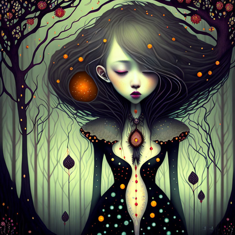 Stylized illustration of pale-skinned female in ornate black dress among fantasy forest.