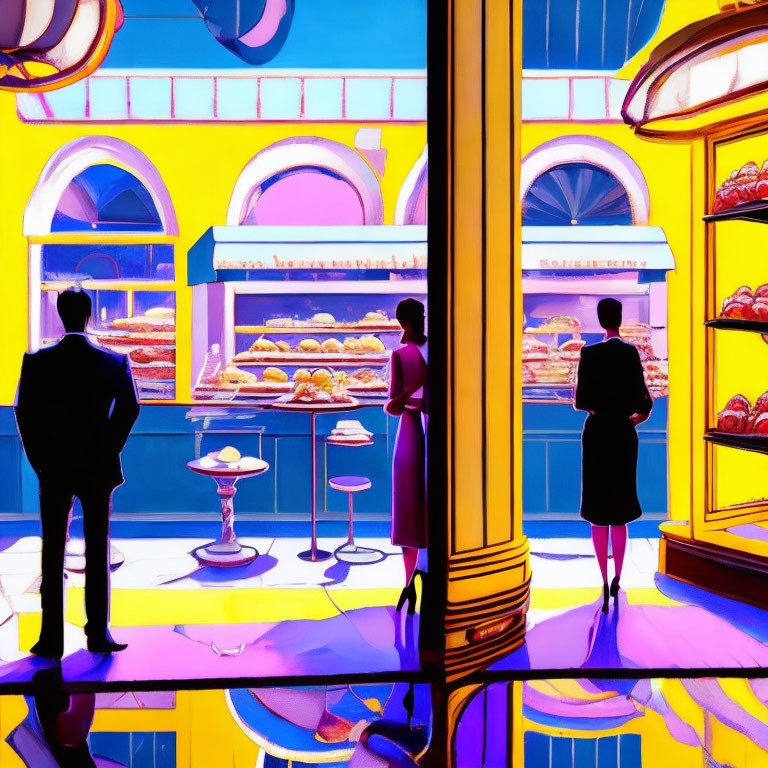 Colorful bakery illustration with three people and pastries