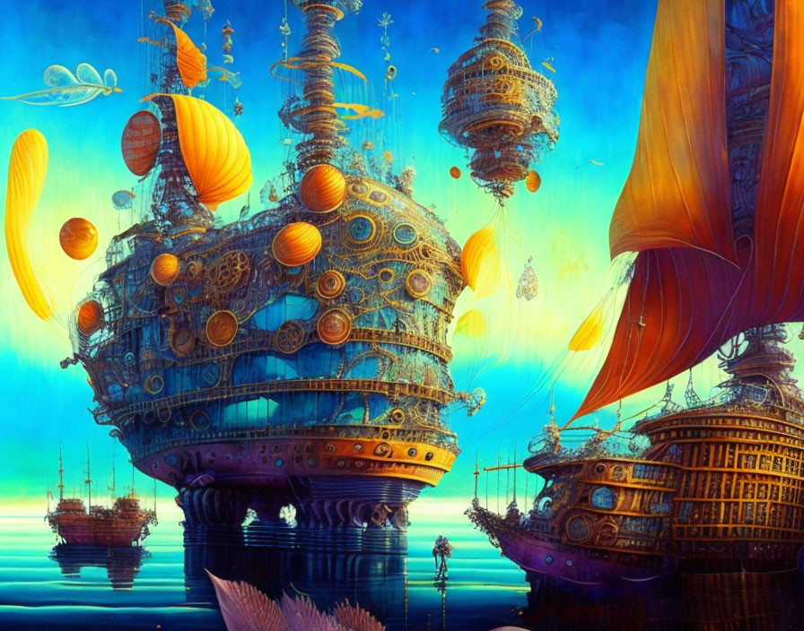 Colorful fantasy artwork of ornate sailing ships with towers floating above tranquil waters